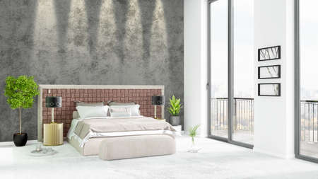 Brand new white loft bedroom minimal style interior design with copyspace wall and view out of window. 3D Rendering.の写真素材