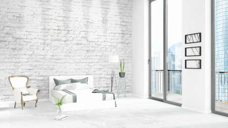 Brand new white loft bedroom minimal style interior design with copyspace wall and view out of window. 3D Rendering.の写真素材