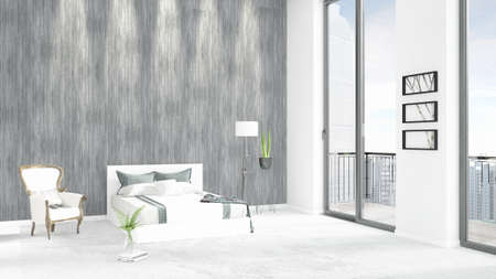 Brand new white loft bedroom minimal style interior design with copyspace wall and view out of...