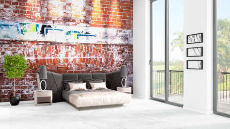 Brand new white loft bedroom minimal style interior design with copyspace wall and view out of window. 3D Rendering.の写真素材