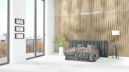 Brand new white loft bedroom minimal style interior design with copyspace wall and view out of...