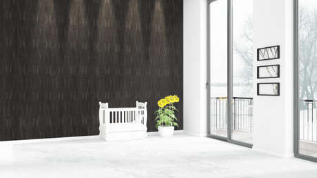 Brand new white loft bedroom minimal style interior design with copyspace wall and view out of window. 3D Rendering.の写真素材