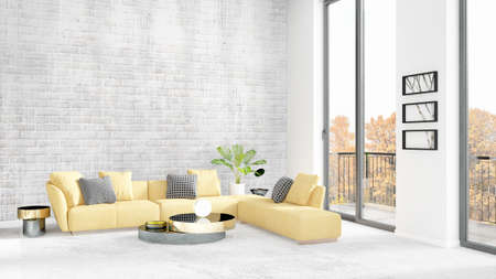 Brand new white loft bedroom or livingroom minimal style interior design with copyspace wall and...