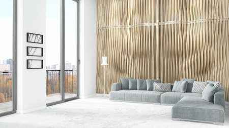 Brand new white loft bedroom or livingroom minimal style interior design with copyspace wall and...