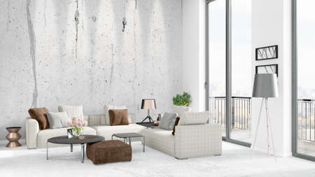Brand new white loft bedroom or livingroom minimal style interior design with copyspace wall and...