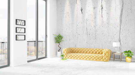 Brand new white loft bedroom or livingroom minimal style interior design with copyspace wall and...