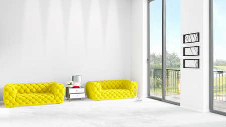 Brand new white loft bedroom or livingroom minimal style interior design with copyspace wall and...