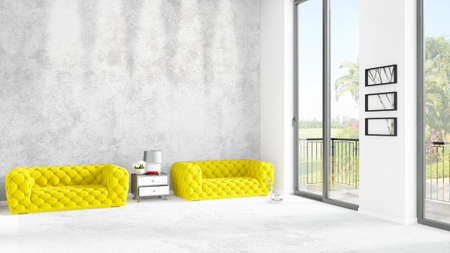 Brand new white loft bedroom minimal style interior design with copyspace wall and view out of window. 3D Rendering.の写真素材