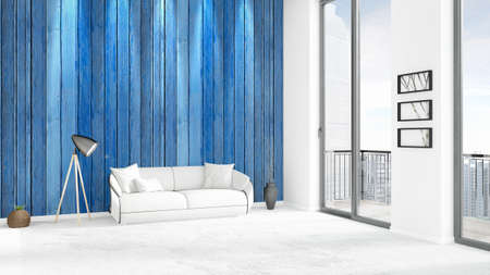 Brand new white loft bedroom minimal style interior design with copyspace wall and view out of window. 3D Rendering.の写真素材