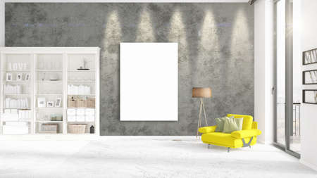 Fashionable modern loft interior with empty frame and copyspace in horizontal arrangement. 3D rendering.の写真素材
