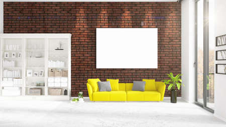Fashionable modern loft interior with empty frame and copyspace in horizontal arrangement. 3D rendering.の写真素材