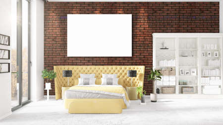 Fashionable modern loft interior with empty frame and copyspace in horizontal arrangement. 3D rendering.の写真素材