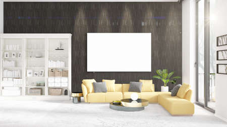 Interior with view, luxury yellow home furnishings, empty frame and copyspace in horizontal...