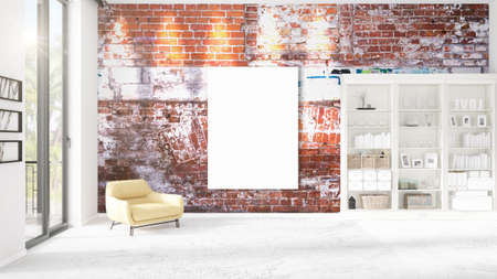 Modern interior with vertical empty frame, copyspace, beautiful panoramic view in horizontal arrangement. 3D renderingの写真素材