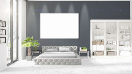 Fashionable modern loft interior with empty frame and copyspace in horizontal arrangement. 3D...