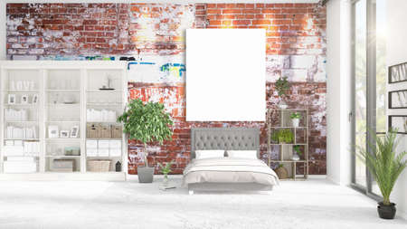 Fashionable modern loft interior with empty frame and copyspace in horizontal arrangement. 3D rendering.の写真素材