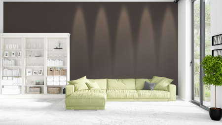 Scene with brand new interior in vogue with white rack and modern green divan. 3D rendering....