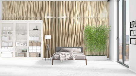 Scene with brand new interior with white rack and modern bed. 3D rendering, 3D illustration....