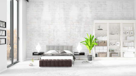 Scene with brand new interior in vogue with white rack and modern bed. 3D rendering. Horizontal arrangement.の写真素材