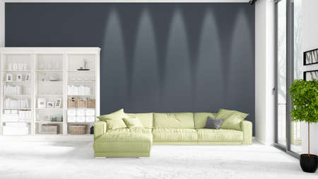 Scene with brand new interior in vogue with white rack and modern green divan. 3D rendering....