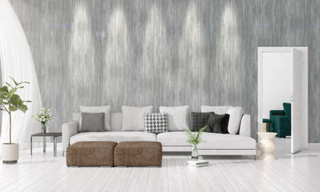 Modern interior design of livingroom in vogue with plant, grey divan, copyspace. Horizontal arrangement. 3D rendering.の写真素材
