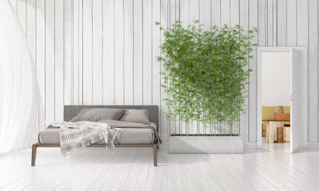 Modern interior design of bedroom in vogue with plant and copyspace in horizontal arrangement. 3D...