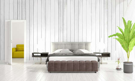 Modern interior design of bedroom in vogue with plant and copyspace in horizontal arrangement. 3D rendering.の写真素材