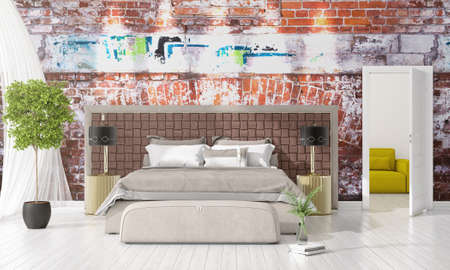 Modern interior design of bedroom in vogue with plant and copyspace in horizontal arrangement. 3D rendering.の写真素材