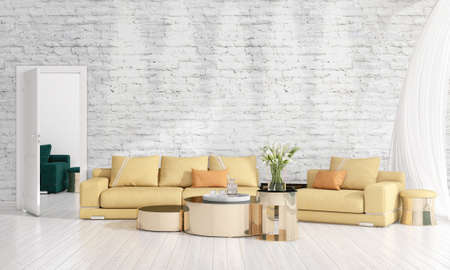 Modern interior design of livingroom in vogue with plant, yellow divan, copyspace. Horizontal arrangement. 3D renderingの写真素材
