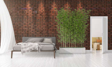 Modern interior design of bedroom in vogue with plant and copyspace in horizontal arrangement. 3D rendering.の写真素材