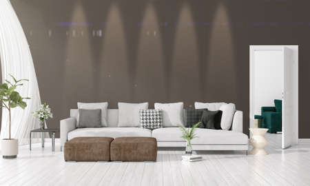 Modern interior design of livingroom in vogue with plant, grey divan, copyspace. Horizontal...