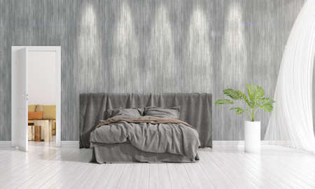 Modern interior design of bedroom in vogue with plant and copyspace in horizontal arrangement. 3D rendering.の写真素材