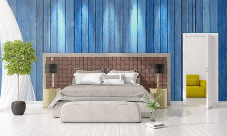 Modern interior design of bedroom in vogue with plant and copyspace in horizontal arrangement. 3D rendering.の写真素材