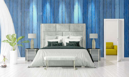 Modern loft interior design of bedroom in vogue with plant and copyspace in horizontal arrangement. 3D rendering.の写真素材