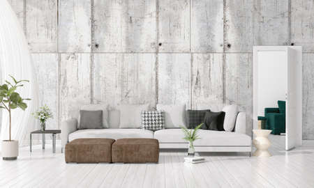 Modern loft interior design of livingroom in vogue with plant, yellow divan, copyspace. Horizontal arrangement. 3D renderingの写真素材