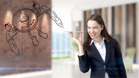 Ethereum sketch with young businesswoman in a suit with longhair and pretty thoughtful face. Criptocurrency concept.の写真素材