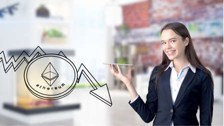 Ethereum sketch with young businesswoman in a suit with longhair and pretty thoughtful face. Criptocurrency concept.の写真素材