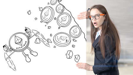 Ethereum sketch with young businesswoman in a suit with longhair and pretty thoughtful face....