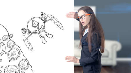Ethereum sketch with young businesswoman in a suit with longhair and pretty thoughtful face. Criptocurrency concept.の写真素材