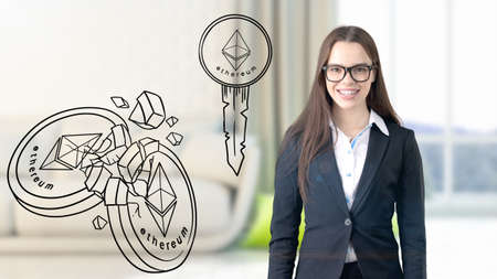 Ethereum sketch with young businesswoman in a suit with longhair and pretty thoughtful face. Criptocurrency concept.の写真素材