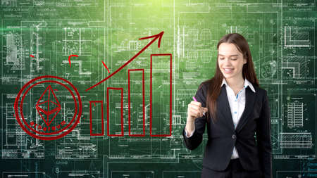 Ethereum sketch with young businesswoman in a suit with longhair and pretty thoughtful face. Criptocurrency concept.の写真素材