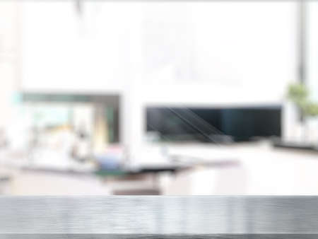 Table on defocuced interior background. 3D rendering