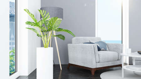 Modern design living room interior with beautiful view . 3D rendering