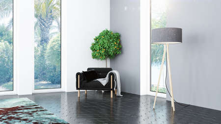 Modern design living room interior with beautiful view . 3D rendering