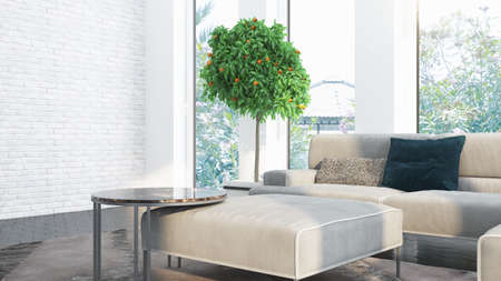 Modern design living room interior with beautiful view . 3D rendering