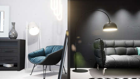 Modern design living room interior in Scandinavian style . 3D rendering
