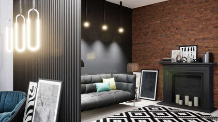 Modern design living room interior in Scandinavian style . 3D rendering