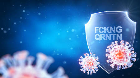 COVID-19 virus cell under the microscope. Coronavirus attacks shield with inscription. Coronavirus...