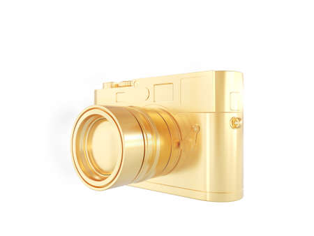 A golden camera on a white background. 3D renderの写真素材