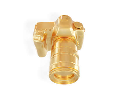 A golden camera on a white background. 3D render
